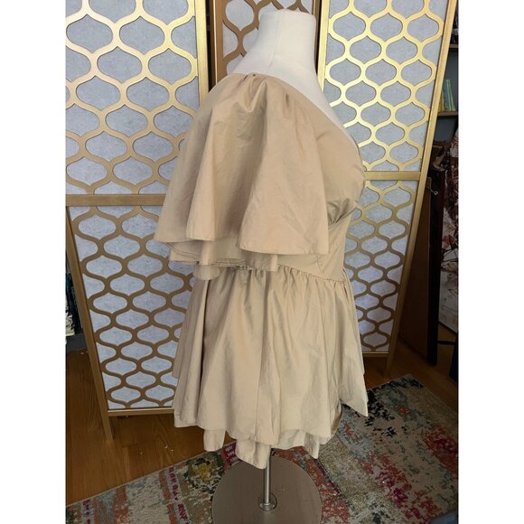 Asos Luxe Size 14 NEW Beige Cotton One Shoulder Dress w Corset Detail & Ruffles - Picture 3 of 16